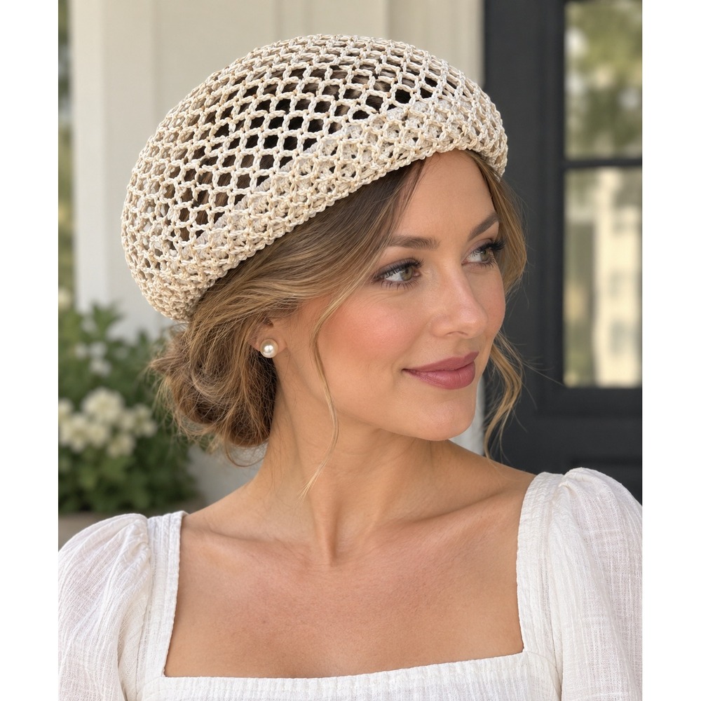 Vintage 1960s Crochet Straw Hat Raffia Style Open Weave Cap Cream Mid-Century